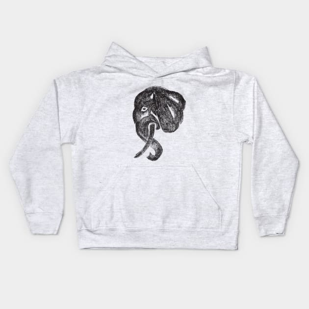 Side profile of an intelligent animal, elephant head in charcoal medium Kids Hoodie by GeeTee